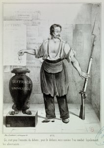 Sufrágio universal "o voto ou o fuzil" O voto deve combater o inimigo em vez do fuzil. Gravação de M.L. Bosredon, abril de 1848. Paris, Musee Carnavalet de French School
