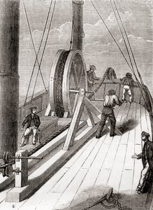Desenrolar o cabo submarino Dover to Calais a bordo do Blazer, 25 de Dezembro de 1851, de Les Merveilles de la Science, publicado c.1870 (gravura) de French School