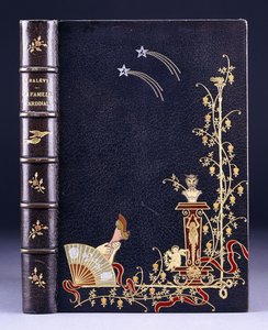 Capa de livro superior de duas estrelas cadentes, uma tocha, folhagem, fauno em pedestal, putto e uma perna atrás de um leque, 1893 de French School