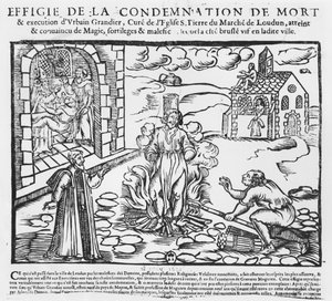 Urbain Grandier queimado na fogueira após os acontecimentos da posse de Loudun, 1634 (gravura em madeira)