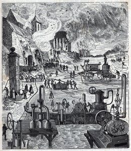 Uso de vários sistemas de bombas em um incêndio no século 19 - Gravação em "Ciências trazidas à casa de todos - física e química" por Alexis Clerc - Final do século 19. Colecção privada. de French School