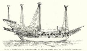 Embarcação com, na sua bateria inferior, uma inscrição flamenga, com a data 1523, na Armeria Real de Madrid (gravura) de French School