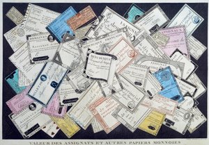 Valor das moedas atribuídas e outras moedas de papel durante a Revolução Francesa. Século XVIII. Musee Carnavalet, Paris - O valor dos cessionários e de outras moedas de papel durante a Revolução Inglesa. Gravura de French School