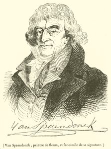 Van Spaendonck, pintor de flores, e fac-símile da sua assinatura (gravura) de French School