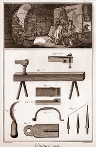 Vannier - ferramentas - fabricante de basquetebol - "The Great Encyclopedie, ou Dictionnaire Raisonne des Sciences, des Arts et des Metiers" (Enciclopédia ou Dicionário das Ciências, Artes e Profissões) por Denis Diderot (1713-1784) e Jean d