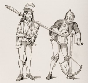 Varlet ou Squire carregando uma alabarda de lâmina grossa e um arqueiro desenhando uma corda de besta com um guincho de duas mãos, depois de uma miniatura do século 15, de Le Moyen Age et La Renaissance por Paul Lacroix ( de French School