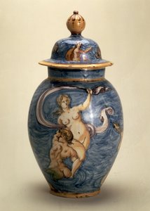 Vaso, decorado com divindades do mar, Nevers, início do século XVII (maiolica com pintura policromada) de French School