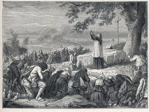 Vendee Wars (1793-1796): Padre insere a celebração de uma missa sob um carvalho para a população insurgente que rejeita os padres jurados. Gravura a partir de 1889. Coleção privada. de French School