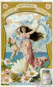 Vénus ilustra a sexta-feira. Cartão publicitário cromolitográfico Liebig. de French School
