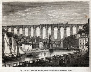Viaduto de Morlaix, na linha férrea de Paris a Brest (França). Gravura de Lebreton et Marchand, em "Les Merveilles de la Science" de Louis Figuier (1819-1894), edição Jouvet et Cie de French School