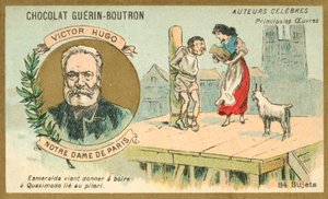 Victor Hugo, autor francês, e uma cena de seu romance Notre Dame de Paris (chromolitho) de French School