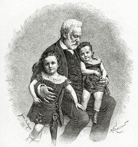 Victor Hugo e seus filhinhos, século XIX (gravura bw) de French School