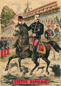 Victor Napoleão (1862-1926) à frente dos apoiantes bonapartistas, o último herdeiro de Napoleão I teve de se exilar na sequência de uma lei aprovada pela Terceira República em 1886. Gravura, em "Le Figaro, suplemento", em 30/03/1889, Paris. Col. Selva. de French School