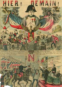 Victor Napoleão (1862-1926) à frente dos apoiantes bonapartistas, o último herdeiro de Napoleão I teve de se exilar na sequência de uma lei aprovada pela Terceira República em 1886. Gravura, em "Le Figaro, suplemento", em 30/03/1889, Paris. de French School