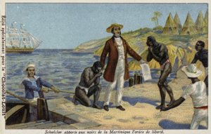 Victor Schoelcher trazendo notícias de sua liberdade aos escravos da Martinica, c1848 de French School