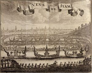 Vista de Ayutthaya com barcaças reais, de Voyage du Siam des Peres Jesuítas por Guy Tachard, 1688 de French School