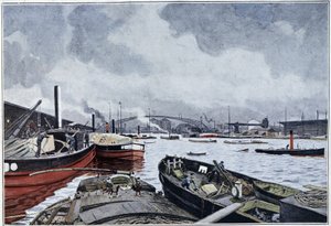 Vista de Paris, do Sena e da Bacia do Villette, aguarela de Brun. 1889. de French School