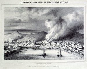 Vista de Pointe a Pitre (Pointe-a-Pitre) após o terremoto de 8/02/1843. Gravura dos Chartres do século XIX, Musee des Beaux Arts de French School