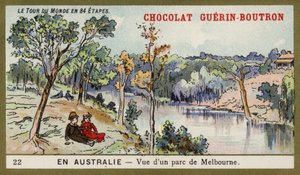 Vista de um parque em Melbourne, Austrália (chromolitho) de French School