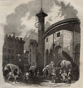 Vista do Halle au ble em Paris (construído em 1763-1769) e da coluna Medici, gravada a partir do século XIX - troca de trigo e milho em Paris (construído em 1763-1769), gravada no início do século XIX - Vista do Halle au ble, colocado no actual Hotel de So de French School