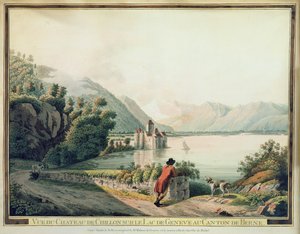 Vista do Chateau de Chillon, Lago de Genebra (gravura colorida) de French School