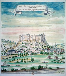 Vista do Chateau de Chinon Watercolour da escola francesa. 1699 Paris, B.N. de French School