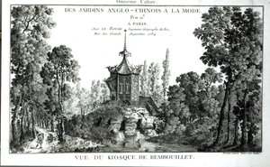 Vista do quiosque em Rembouillet, de elegantes jardins anglo-chineses de George Louis le Rouge, publicado em 1775-78 de French School