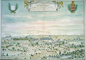 Vista da abadia de Fontevrault (Fontevraud) no Maine e Loire Watercolour da escola francesa. 1699 Paris, B.N. de French School