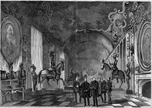 Vista da sala de armas do Palácio de Turim (Itália) durante a visita do rei Victor Emmanuel II (Vittorio Emanuele) (Victor-Emmanuel) (1820-1878) e do príncipe Napoleão (1822-1891) de French School