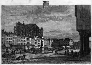 Vista da cidade de Beauvais no Oise. Gravura de 1880 em "La republique illustree" coleção particular. de French School