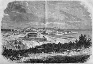 Vista da cidade de Biarritz, Pirenéus do Atlântico (64) em 1858. Gravura em "Le Monde Illustré" n°75 de 18 de Setembro de 1858. de French School