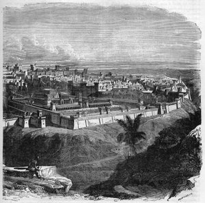 Vista da cidade de Jerusalém antes da destruição do templo. Gravura no "Histoire des Papes-Rois-Queen and Empereurs a travessa les centuries" de Maurice Lachatre de French School