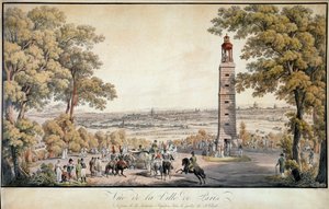 Vista da cidade de Paris, tirada da lanterna ou "Lanterna de Demóstenes" no Parc Saint Cloud O Imperador Napoleão I é um representante caminhando pelos jardins, a lanterna luminosa indicava a presença do Imperador. Litografia do 19º cen de French School