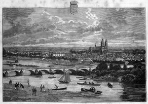 Vista da cidade de Tours no Indre et Loire. Gravura de 1880 na colecção privada "La republique illustree". de French School
