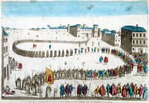 Vista da grande procissão do selfdafé onde vemos os criminosos julgados pela Inquisição em Lisboa - gravura de French School