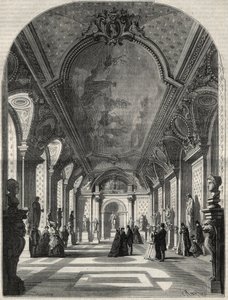 Vista da nova sala dos imperadores romanos, no Musee des Antiques du Louvre. Gravura em "L