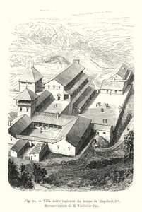 Merovingian villa da época de Dagobert I, Reconstituição por M Viollet-le-Duc (gravura) de French School