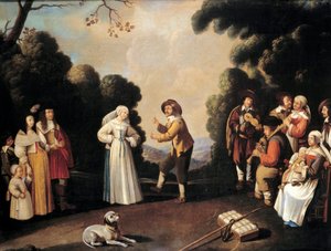 Cena de dança da aldeia provavelmente numa festa de casamento, uma mulher grávida à esquerda. Pintura da escola francesa. Século XVII Avignon, Musee Calvet de French School