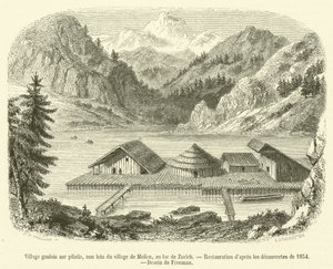 Aldeia galega em palafitas, não muito longe da aldeia de Meilen, no Lago Zurique (gravura) de French School