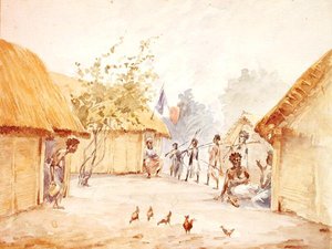 Aldeia em Madagáscar na época de sua conquista pela França em 1895-96 (aquarela sobre papel) de French School