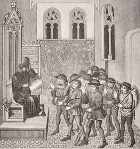 Vilões recebendo ordens de seus senhores antes de irem para o trabalho, depois de uma miniatura em um manuscrito do século XV, de Le Moyen Age et La Renaissance, de Paul Lacroix (1806-84), publicado em 1847 de French School