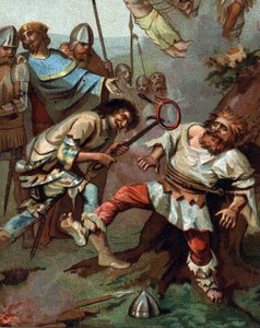 Violência do Jacquerie contra a nobreza francesa (1358). Cromolitografia por volta de 1890. de French School