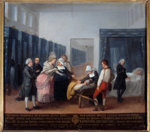 Visita de Monsieur e Madame Necker ao hospital de caridade Este é um hospital (agora Hospital Necker em Paris) fundado pelo ministro e sua esposa, esposa de Lettres em 1778. Pintura da Escola Francesa. Século XVIII. Paris, Musee de l