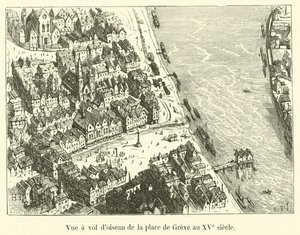 Vista aérea da praça Greve no século XV de French School