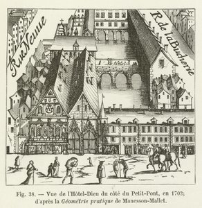 Vista do Hotel-Dieu ao lado do Petit-Pont, em 1702; dapres a geometria prática de Manesson-Mallet de French School