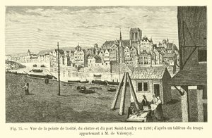 Vista da ponta da cidade, o claustro e o porto Saint-Landry em 1590; de um gráfico de tempo pertencente ao Sr. de Valencay de French School