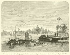 Vista do porto e das docas de Bangkok, tirada de um barco em frente à Igreja das Missões (gravura) de French School