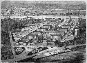 Vista exterior do Hotel Dieu (Hotel-Dieu) em Nantes, inaugurado em 1863. Este hospital será quase totalmente destruído durante um atentado à bomba em 1943. Loire Atlantique (44). Gravura em "Le Monde Illustre" n°347 de 5 de dezembro de 1863. de French School