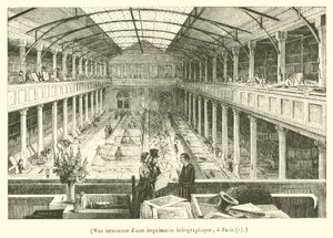 Vista interior de uma fábrica de impressão litográfica em Paris (gravura) de French School