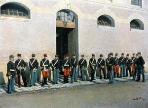 Aulas a pé: os novos guardas republicanos admitidos são oficiais subalternos; retomam as aulas a pé sob a direcção de um tenente - em "Álbum militaire" - Legion de la Garde de French School